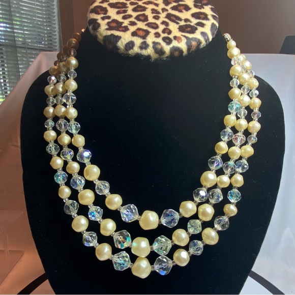 Vintage Laguna 3 Strand Crystal and Faux Pearl necklace. - Picture 1 of 8